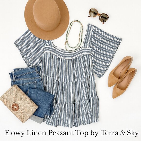 Terra & Sky Linen Blend Striped Peasant Top Plus Size 1X Gray White - Picture 12 of 12